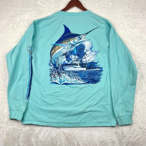 Guy Harvey Shirt Mens Large Blue Long Sleeve Pocket Tee Sailfish Boat Graphic - Picture 3 of 4